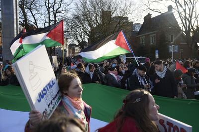 Demonstrators outside the International Court of Justice in The Hague where Israel has been under intense scrutiny. Bloomberg