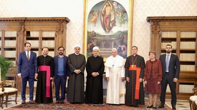 Members of The Higher Committee of Human Fraternity, with Pope Francis and the Grand Imam of Al Azhar. Courtesy: The Higher Committee of Human Fraternity