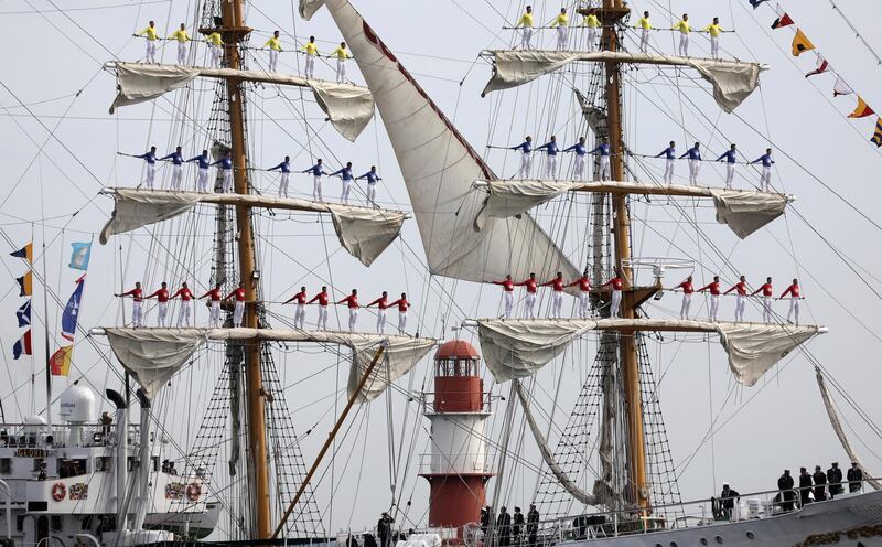 The Columbian Navy sailing school ship 'Gloria' arrives at the harbour in Warnemuende, near Rostock, northern Germany.  AP