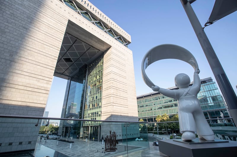 A sculpture park has been unveiled at Dubai International Financial Centre, transforming the area around the landmark Gate Building into an open-air gallery. In the foreground is 'Rainbow Baby' by artist Ayla Turan. All photos: Ruel Pableo for The National