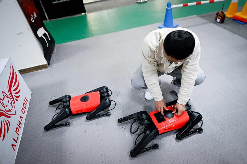 An engineer inspects AlphaDog quadruped robots in a workshop. Wang Zhao / AFP