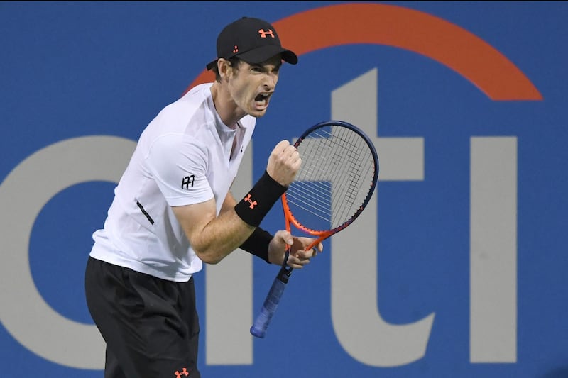 WASHINGTON, DC - JULY 30: Andy Murray returns a celebrates a shot against Mackenzie McDonald during the Citi Open at the Rock Creek Tennis Center on July 30, 2018 in Washington, DC.   Mitchell Layton/Getty Images/AFP
== FOR NEWSPAPERS, INTERNET, TELCOS & TELEVISION USE ONLY ==
