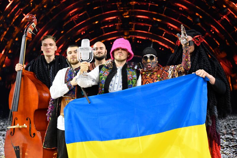 Kalush Orchestra of Ukraine are named the winners of the 66th Eurovision Song Contest at Pala Alpitour in Turin, Italy, on Saturday. Getty Images