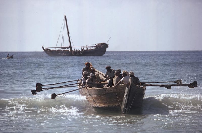 Before a port was built in Salalah, Oman, dhows used stitched surfboats to ferry goods.