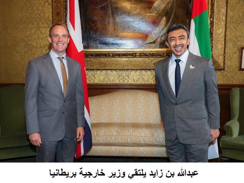 Sheikh Abdullah bin Zayed, Minister of Foreign Affairs and International Co-operation (right), held talks with UK Foreign Secretary Dominic Raab in London. Wam