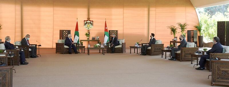 Jordan's King Abdullah II accompanied by Crown Prince Hussein, receiving Palestinian President Mahmoud Abbas as they meet to discuss developments related to the Palestinian cause, in the capital Amman. AFP