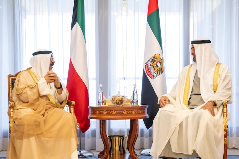 President Sheikh Mohamed bin Zayed meets with Sheikh Mishal Al Ahmad Al Jaber Al Sabah.