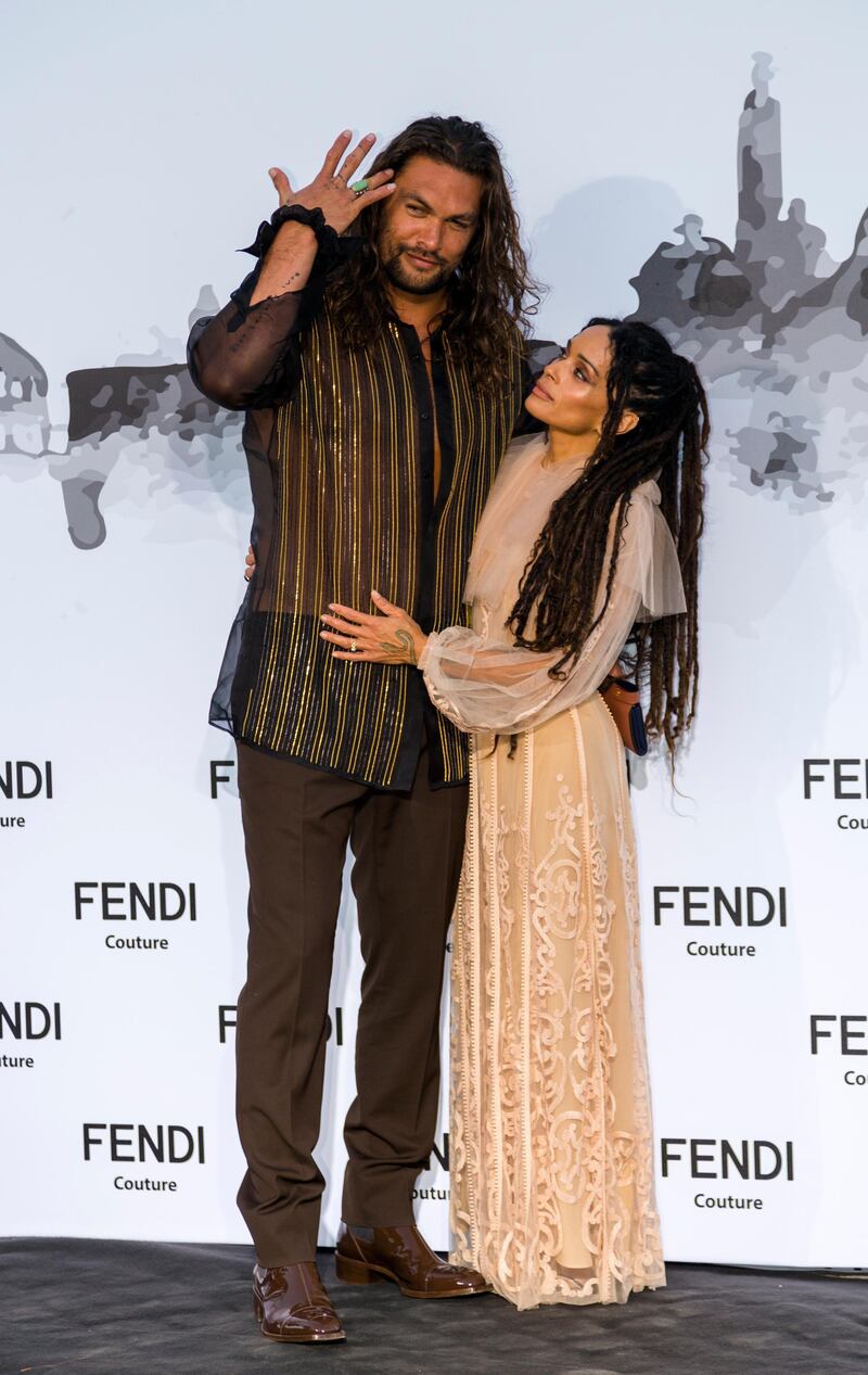 Jason Momoa and Lisa Bonet, in Fendi, attend the Fendi show on July 4, 2019 in Rome, Italy. AP