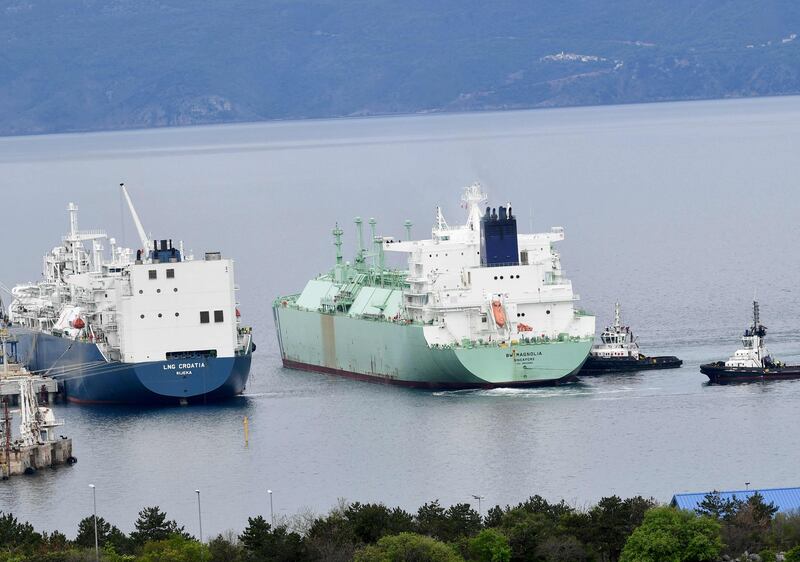 A ship carrying liquefied gas, right, in Croatia. Global natural gas demand is set to be flat this year. AFP