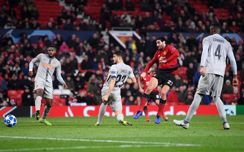 MANCHESTER, ENGLAND - NOVEMBER 27:  Marouane Fellaini of Manchester United (27) scores his team's first goal during the UEFA Champions League Group H match between Manchester United and BSC Young Boys at Old Trafford on November 27, 2018 in Manchester, United Kingdom.  (Photo by Laurence Griffiths/Getty Images)