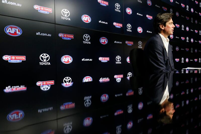 AFL CEO Gillon McLachlan speaks to the media in Melbourne on Sunday. Getty Images