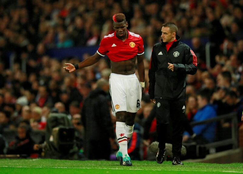 Soccer Football - Champions League - Manchester United vs FC Basel - Old Trafford, Manchester, Britain - September 12, 2017   Manchester United's Paul Pogba walks off as he is substituted for Marouane Fellaini after sustaining an injury    Action Images via Reuters/Jason Cairnduff     TPX IMAGES OF THE DAY