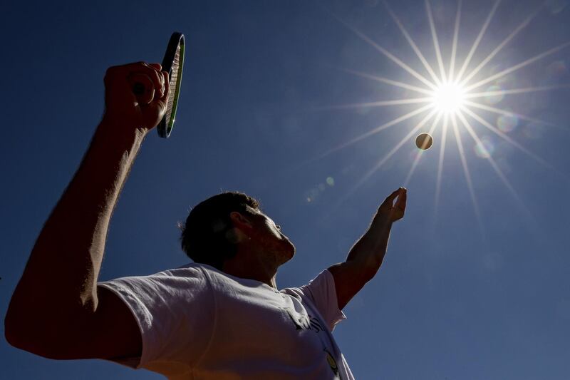 Tennis Player Joao Menezes serves during training  in Uberaba, Brazil. Joao won the gold medal at the Pan American Games in Lima in 2019 and is qualified for the Tokyo Olympics. Getty Images