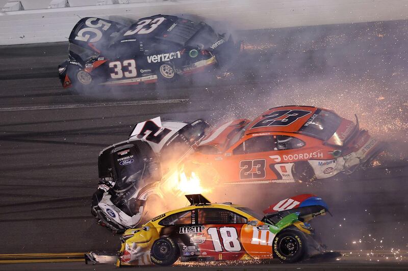 (Kyle Busch (No 18), Brad Keselowski(No 2), Bubba Wallace (No 23) and Austin Cindric, (No 33) during the crash. AFP