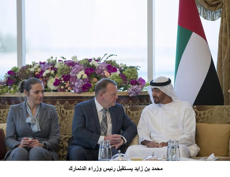 Sheikh Mohammed bin Zayed, Crown Prince of Abu Dhabi and Deputy Supreme Commander of the Armed Forces, meets Lars Lokke Rasmussen, prime minister of Denmark, during a Sea Palace barza. Mohamed Al Hammadi / Crown Prince Court – Abu Dhabi