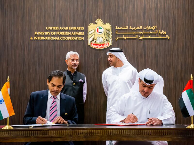 Sheikh Abdullah and Dr Jaishankar witnessed the signing of an agreement between their ministries on the establishment of the UAE-India Cultural Council Forum.