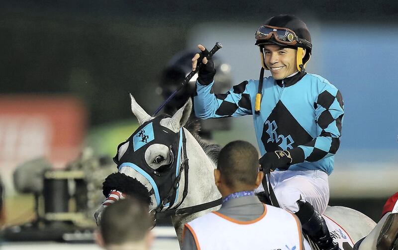 DUBAI , UNITED ARAB EMIRATES , MARCH 30  – 2018 :- X Y Jet  ( USA   ) ridden by Emisael Jaramillo ( no 3  ) won the 6th horse race Dubai Golden Shaheen 1200m dirt  during the Dubai World Cup held at Meydan Racecourse in Dubai. ( Pawan Singh / The National ) For News/Sports/Instagram/Big Picture. Story by Amith/Rupert