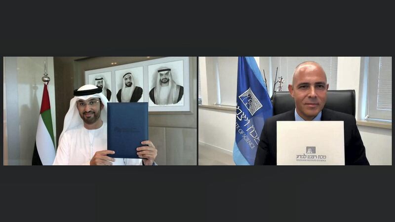 The new agreement, a first for the two countries, was signed by Dr Sultan Al Jaber, MBZUAI chairman and UAE Minister of Industry and Advanced Technology, and Alon Chen, president and professor of the Weizmann Institute of Science. Courtesy MBZUAI