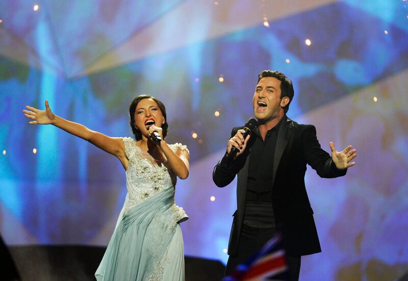 Duo Nodi Tatisjvili (R) and Sophie Gelovani of Georgia perform the song "Waterfall" during the final of the 2013 Eurovision Song Contest at the Malmo Opera Hall in Malmo May 18, 2013. REUTERS/Jessica Gow/Scanpix Sweden (SWEDEN - Tags: ENTERTAINMENT) SWEDEN OUT. NO COMMERCIAL OR EDITORIAL SALES IN SWEDEN. ATTENTION EDITORS - THIS IMAGE WAS PROVIDED BY A THIRD PARTY. FOR EDITORIAL USE ONLY. NOT FOR SALE FOR MARKETING OR ADVERTISING CAMPAIGNS. THIS PICTURE IS DISTRIBUTED EXACTLY AS RECEIVED BY REUTERS, AS A SERVICE TO CLIENTS. NO COMMERCIAL SALES *** Local Caption ***  STO110_EUROVISION-S_0518_11.JPG