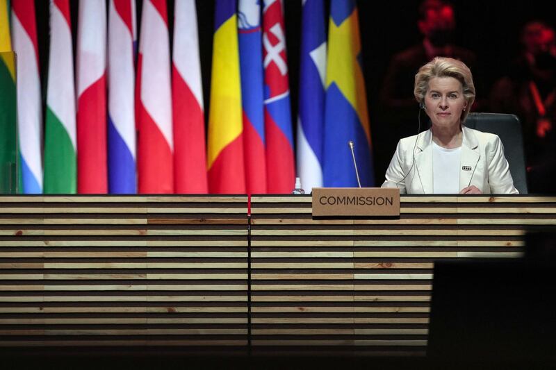 President of the European Commission Ursula von der Leyen waits for the start of an informal dinner at the Crystal Palace in Porto, on May 7, 2021, within the framework of the Porto Social Summit hosted by the Portuguese presidency of the Council of the European Union. EU leaders meet to survey the economic wreckage of the Covid pandemic, with high hopes from summit host Portugal that they will swear off austerity and tackle poverty. Twenty-four of the EU's 27 leaders will gather in person in the riverside city of Porto for a summit that will make social issues a priority after two historic economic crises hit Europe over the past decade. / AFP / POOL / Luis Vieira
