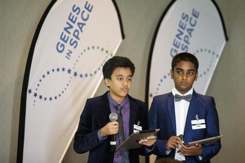 Finalists Zakaria Rahman and Nikhil Potula, from Brighton College in Al Ain, present their project at the Global Space Congress in Abu Dhabi. Christopher Pike / The National