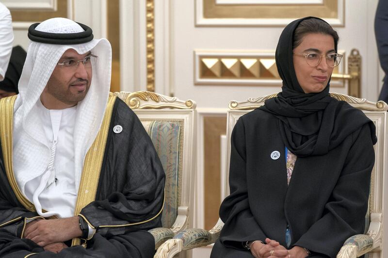 ASTANA, KAZAKHSTAN - July 04, 2018: HH Sheikh HE Dr Sultan Ahmed Al Jaber, UAE Minister of State, Chairman of Masdar and CEO of ADNOC Group (L) and HE Noura Mohamed Al Kaabi, UAE Minister of Culture and Knowledge Development (R) attend a reception hosted by HE Nursultan Nazarbayev, President of Kazakhstan (not shown), at Ak Orda Presidential Palace.