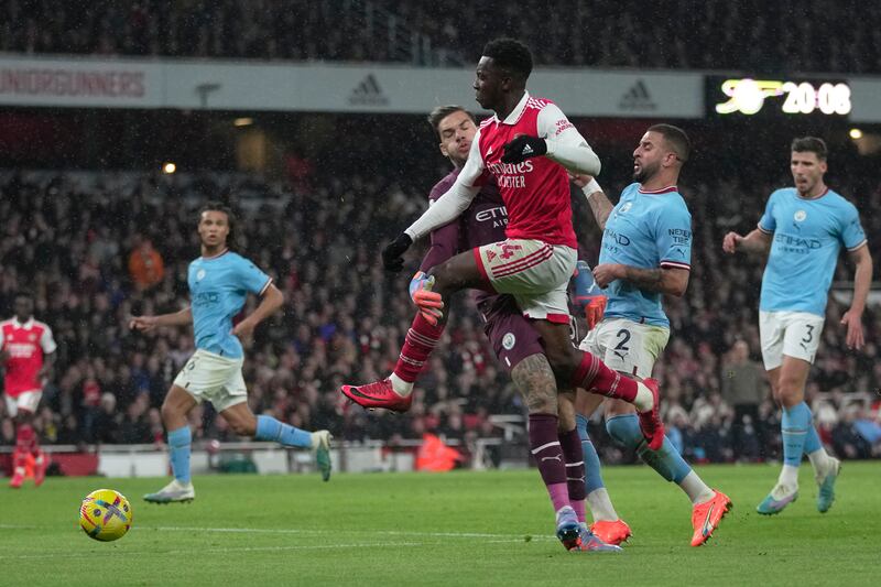 Eddie Nketiah 6: Headed glorious chance wide in 21st minute when he should have scored. Fouled by Ederson just after shooting from wide angle that resulted in Arsenal winning penalty. Booked for studs-up challenge on Dias. Missed another headed opportunity late in game. AP