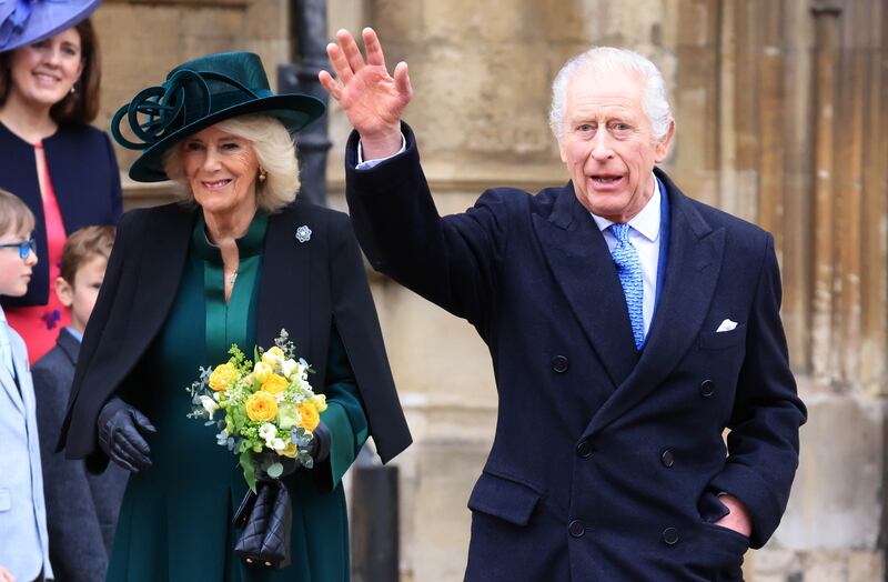 King Charles III and Queen Camilla depart the Easter church service. EPA