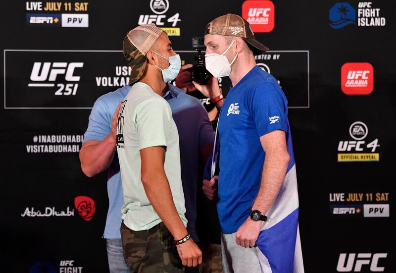 ABU DHABI, UNITED ARAB EMIRATES - JULY 10: (L-R) Opponents Makwan Amirkhani of Finland and Danny Henry of Scotland face off during the UFC 251 official weigh-in inside Flash Forum at UFC Fight Island on July 10, 2020 on Yas Island Abu Dhabi, United Arab Emirates. (Photo by Jeff Bottari/Zuffa LLC)