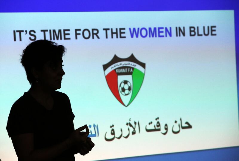 The head of the Women's Committee of Kuwait Football Association, Fatima Hayat, speaks at a forum in Kuwait City. AFP