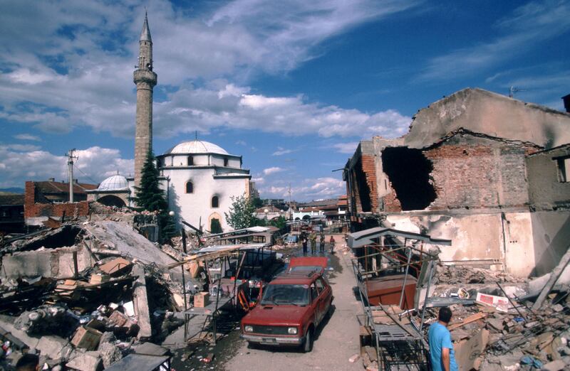 356195 28: The aftermath of a recent bombing August 16, 1999 in Pec, Kosovo, Yugoslavia. Kosovo Peacekeeping Force soldiers fail to protect Ethnic Albanians and Serbs, as Kosovars attempt to reconstruct their lives in Kosovo, Yugoslavia. (Photo by Scott Peterson/Liaison)