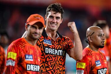 Sunrisers Hyderabad's captain Pat Cummins (C) celebrates after his team's win in the Indian Premier League (IPL) Twenty20 cricket match between Sunrisers Hyderabad and Punjab Kings at the Rajiv Gandhi International Stadium in Hyderabad on May 19, 2024.  (Photo by Noah SEELAM  /  AFP)  /  -- IMAGE RESTRICTED TO EDITORIAL USE - STRICTLY NO COMMERCIAL USE --