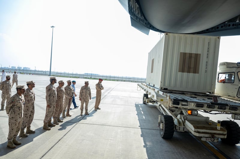 The UAE on November 7 sent six aircraft carrying supplies and equipment to support the construction of a field hospital in the Gaza Strip. All photos: Wam