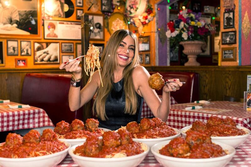 The actress Sofia Vergara at a Buca di Beppo restaurant, which is famous for its half-pound meatballs. Christopher Polk / Getty Images for Buca di Beppo / AFP