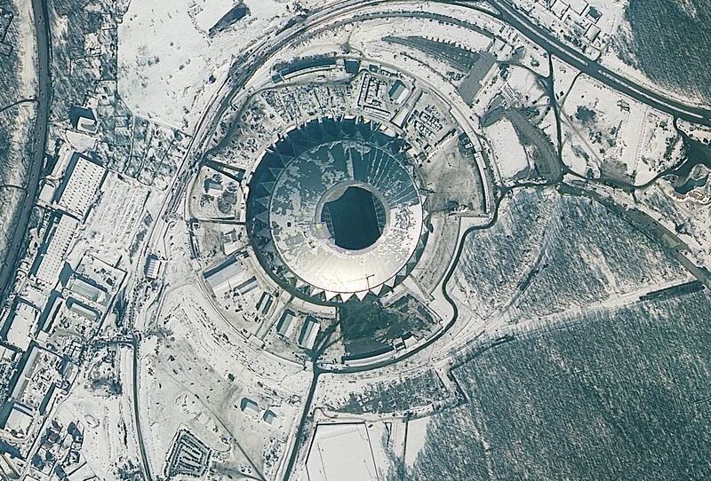 A picture taken from the International Space Station (ISS) shows the Samara Arena, which will host matches of the 2018 FIFA World Cup in Samara, Russia. Reuters