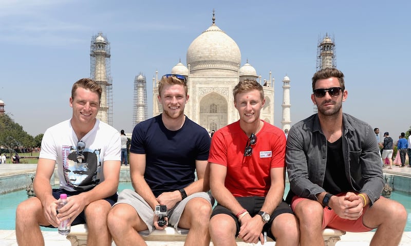 AGRA, INDIA - MARCH 24:  Jos Buttler, David Willey, Joe Root and Liam Plunkett of England pose for a portrait during a visit to the Taj Mahal on March 24, 2016 in Agra, India.  (Photo by Gareth Copley/Getty Images)