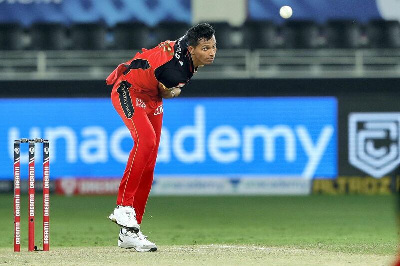 Navdeep Saini of Royal Challengers Bangalore bowling during match 10 of season 13 of the Dream 11 Indian Premier League (IPL) between The Royal Challengers Bangalore and The Mumbai Indians held at the Dubai International Cricket Stadium, Dubai in the United Arab Emirates on the 28th September 2020.  Photo by: Saikat Das  / Sportzpics for BCCI