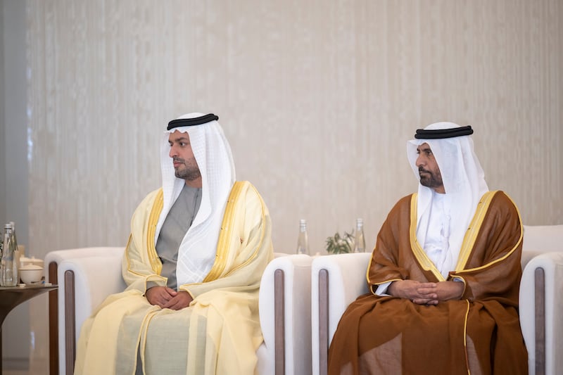 Sheikh Mohammed bin Hamad, Adviser for Special Affairs at the Presidential Court, and Mohammed Al Dhaheri, UAE ambassador to Oman, attend the reception at the Presidential Airport