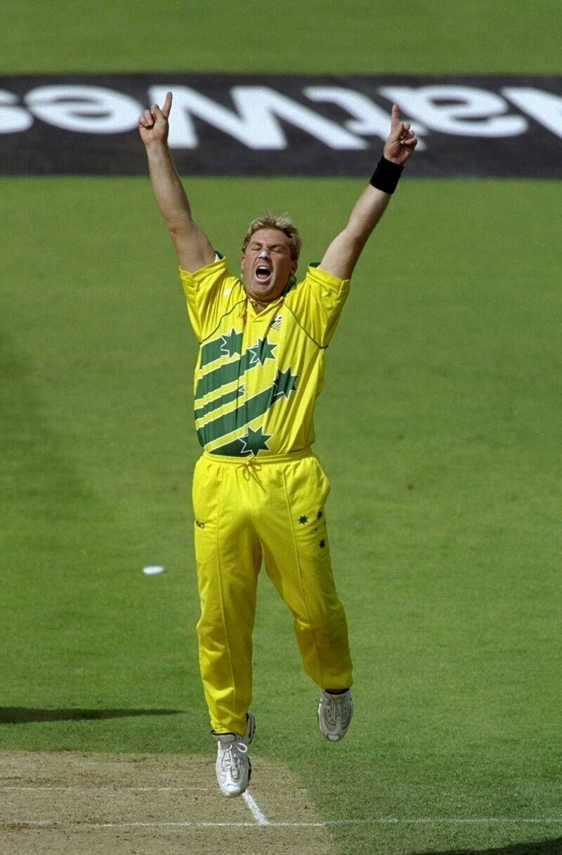 17 Jun 1999:  Shane Warne of Australia celebrates a South African wicket in the World Cup semi-final at Edgbaston in Birmingham, England. Warne took 4 for 29 and the Man of the Match award as the match finished a tie and Australia went through after finishing higher in the Super Six table. \ Mandatory Credit: Adrian Murrell /Allsport/Getty Images