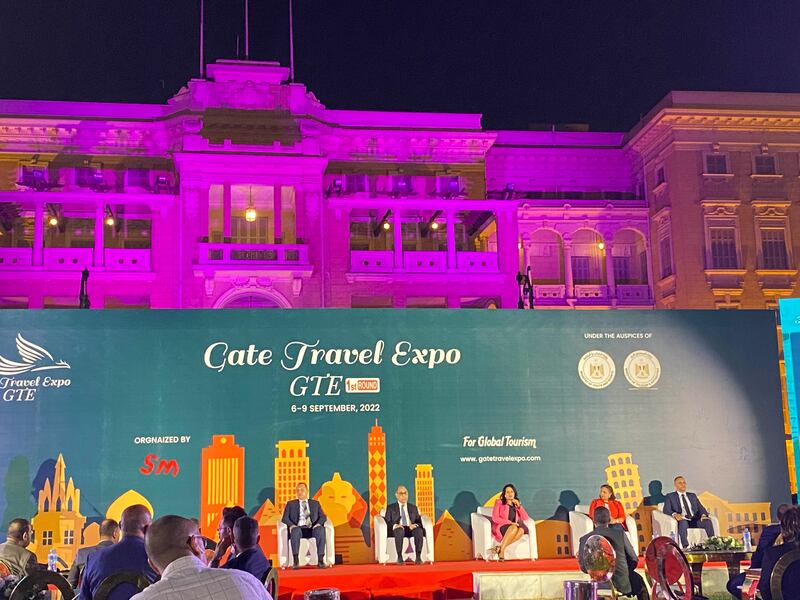 Conference organisers and tourism industry officials at the unveiling of the Gate Travel Expo at Qubba Palace, Cairo, on Monday evening. Nada El Sawy / The National