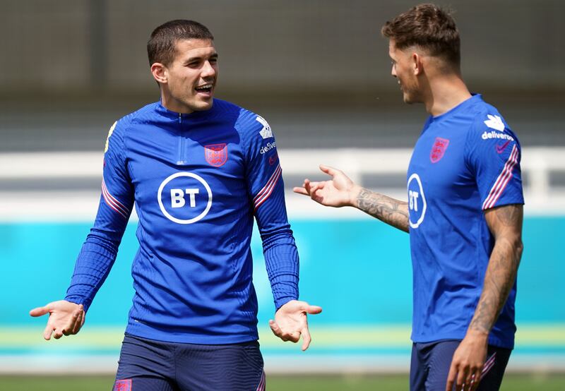 England's Conor Coady and Ben White train for the Euro 2020 final.