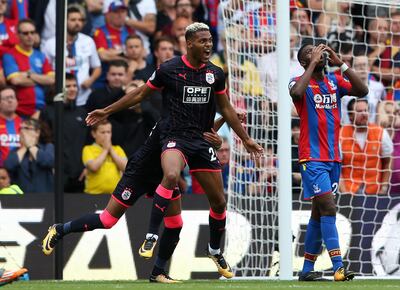 Huddersfield Town's Steve Mounie celebrates scoring his side's second goal during the Premier League match at Selhurst Park, London. PRESS ASSOCIATION Photo. Picture date: Saturday August 12, 2017. See PA story SOCCER Palace. Photo credit should read: Scott Heavey/PA Wire. RESTRICTIONS: EDITORIAL USE ONLY No use with unauthorised audio, video, data, fixture lists, club/league logos or "live" services. Online in-match use limited to 75 images, no video emulation. No use in betting, games or single club/league/player publications.