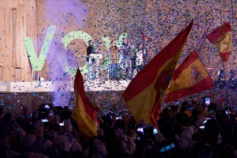 MADRID, SPAIN - NOVEMBER 08: Supporters wave their flags during the far right Vox party final rally on November 08, 2019 in Madrid, Spain. Spain holds its fourth general election in four years on Sunday 10th November in a hope to break prolonged political deadlock. After the last election, the Socialist Party (PSOE) Leader, Pedro Sánchez, was unable to secure enough parliamentary support to form a government. Other parties on the ballot are left-leaning Podemos, splinter party Más País, the conservative Popular Party, centre-right Ciudadanos and the far-right Vox. (Photo by Xaume Olleros/Getty Images)