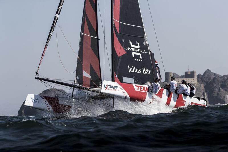 The Extreme Sailing Series 2017 began in Muscat, Oman this month. The fleet raced close to the shore and historic town of Mutrah. Courtesy Lloyd Images