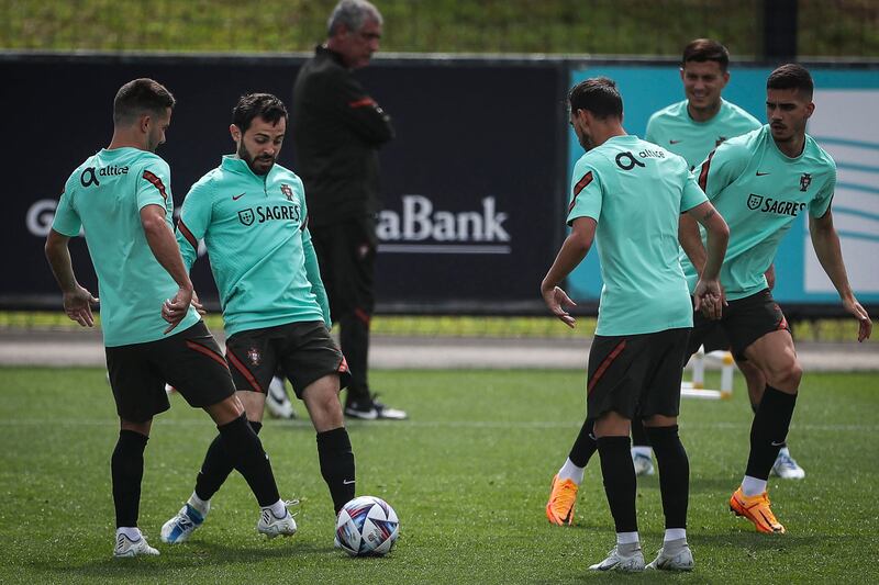 Portugal midfielder Bernardo Silva, second left, training with teammates. AFP