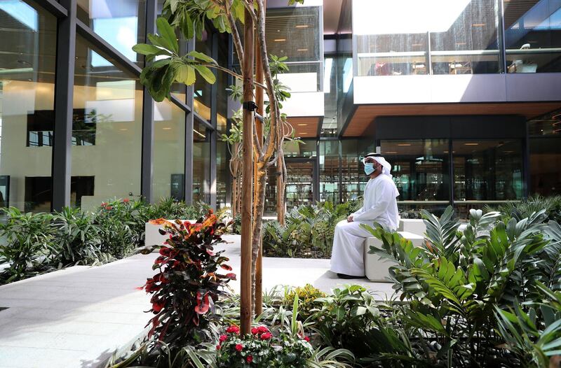 Sharjah, United Arab Emirates - December 10, 2020: News. Arts. Salman Al Tamimi sits in the garden area. Opening of the House of Wisdom, a high tech new library. Thursday, December 10th, 2020 in Sharjah. Chris Whiteoak / The National