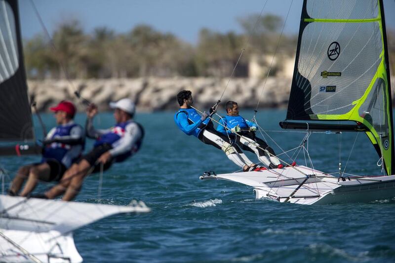 Carlos Paz and Anton Paz, (a gold medalist at the 2008 Beijing Olympics) of Spain races against Pavle Kostov and Petar Cupac of Croatia in the men’s skiff - 49er fleet race during the ISAF Sailing World Cup Finals at the Breakwater in Abu Dhabi on November 27, 2014. Christopher Pike / The National