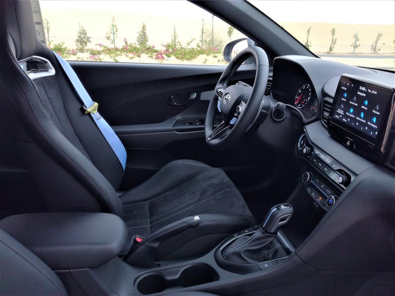 The Veloster’s cabin has an ambience of cheapness, but the lightweight N seats are nicely sculpted.