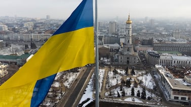 A flag waves over Kharkiv, Ukraine's second-largest city. The country's economy is projected to expand between 3 per cent and 4 per cent this year, according to the IMF. AP
