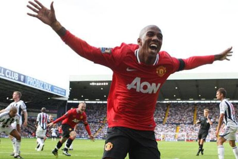 Ashley Young reacts after his shot is deflected into the West Brom Albion goal.